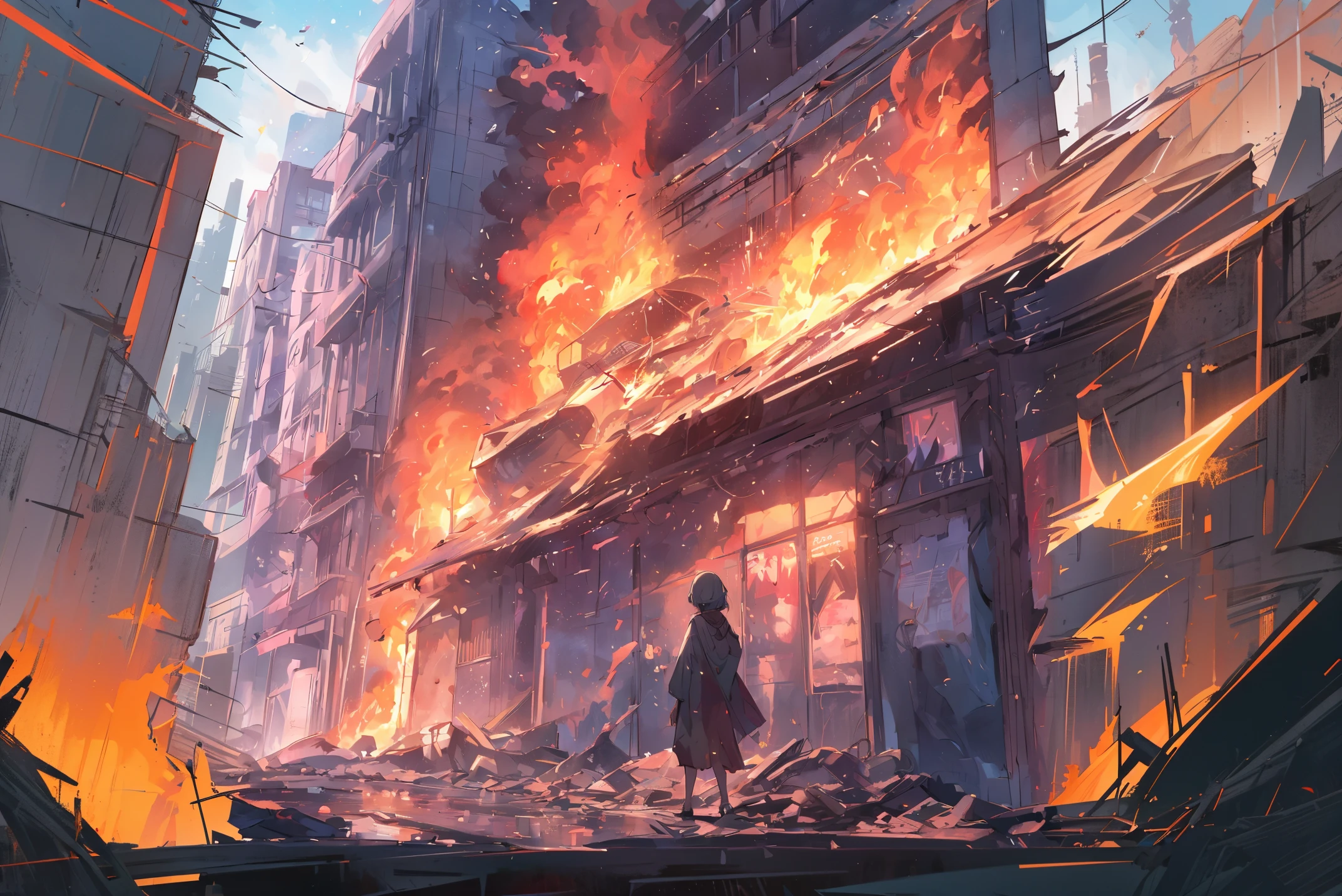 (best quality,4k,8k,highres,masterpiece:1.2),ultra-detailed,(realistic,photorealistic,photo-realistic:1.37),dark and fiery scene,anime style,nightscape,night scene,A man standing in front of a burning building,manga artwork,anime wallpaper,resilient protagonist,dystopian setting,destruction and chaos,lit by the flames,gloomy atmosphere,majestic flames,a decimated European town,ruined houses,emotional intensity,mysterious ambiance,artistic representation,anime epic art,devastated landscape,majestic ruins,glimpse of hope amidst destruction,moonlit sky,anime art wallpaper,fiery background,manga-inspired cityscape,flaming cityscape, landscape engulfed in flames,4k manga wallpaper,anime background art,post-apocalyptic,anime-style lighting,storytelling through scenery,colossal fire,shadowy figure, dramatic shadows,brooding mood,fear and danger,anime masterpiece,visual storytelling,emotive visuals,narrative-driven artwork,anime art,fire effects,vibrant colors,skilled brushwork,engrossing details,animating movement,chaotic energy,desolation and ruins,firestorm,devastating fire,anime-style destruction,desperate struggle against the flames.