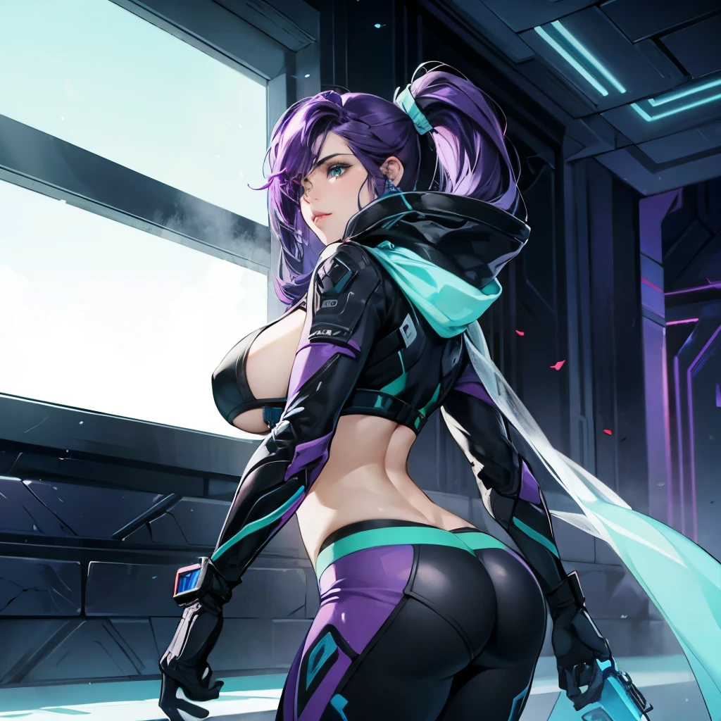 Drifter from warframe, beautiful face, purple hair with cyan-green tips, amazing body, fat ass, big boobs