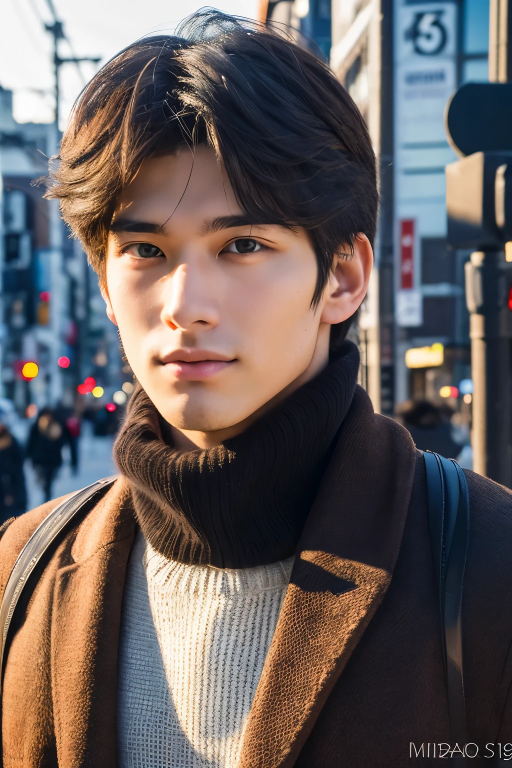 Photorealsitic, 8K full body portrait, a handsome, 20-year-old man, A charming expression, detailed face details, TOKYOcty, Winters, Shibuya in the background