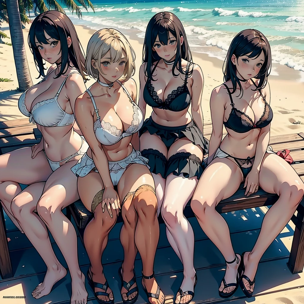 multiple thick body females and one male character at the beach, all females wearing short skirt panties exposed, all females wearing lace pattern bra and panties, sitting on a long bench side by side, spread their legs, (spread her legs) show panties at viewer, panties exposed