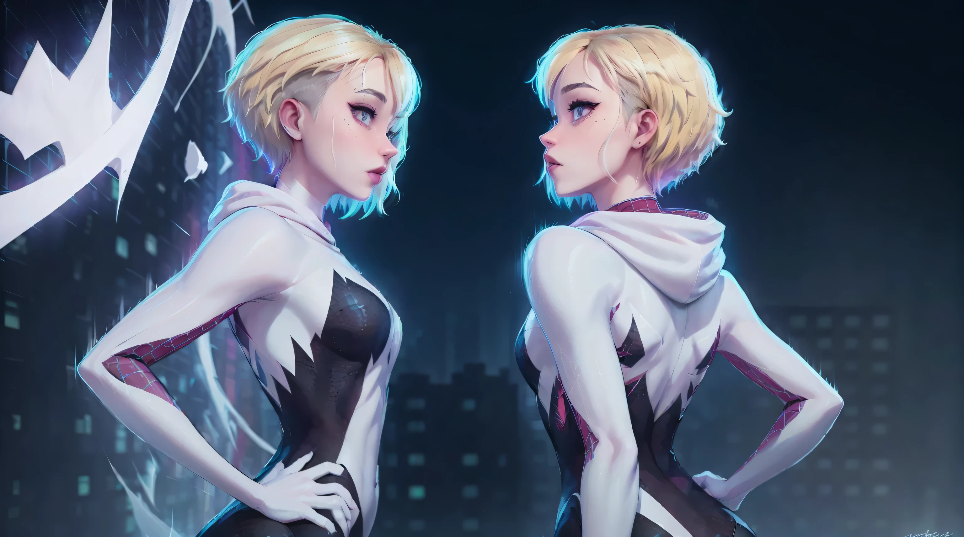 ghost spider, gwen  in a black outfit with spider in the center of his chest in white, organic looking outfit, gooey forehead, symbiote, white eyes, fine art, ps5 cinematic screenshot,highly detailed detailed cinematic rendering, ultra photorealistic raytricing, with cinematic lighting