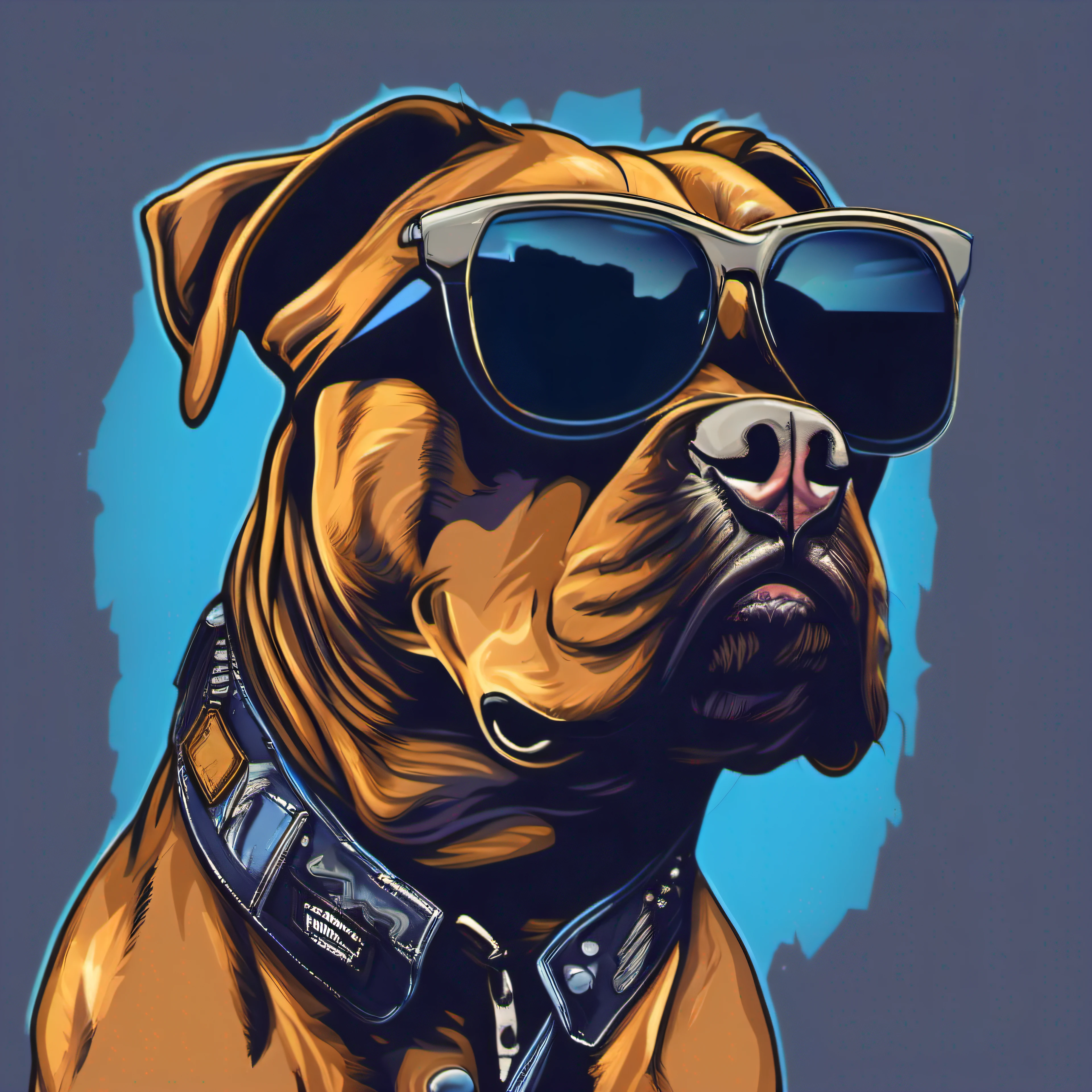 animal cachorro pitbull rock, usando roupa de rock anos 80, t-shirt design, 2d, imagem centralizada, fundo gradiente preto e azul, vetorizado, arte logo vetorial para estampa de camiseta, cores vividas splas