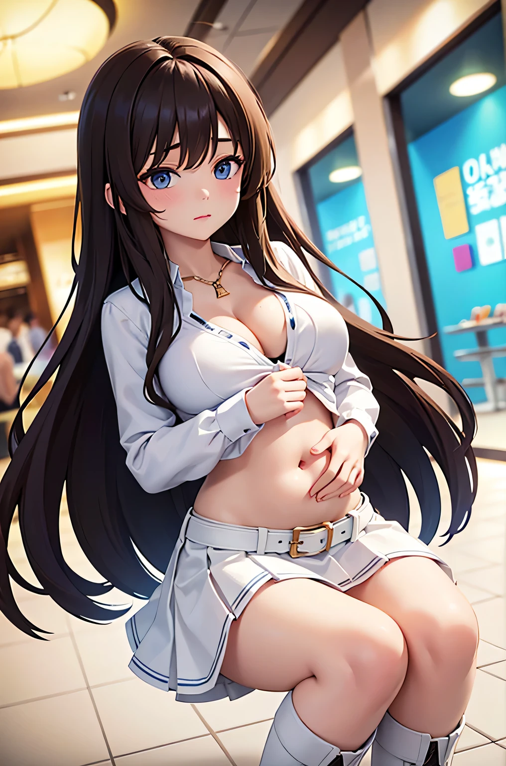 vibrant colors, masterpiece, sharp focus, best quality, depth of field, cinematic lighting, ultra detailed, gypsy top, white shirt, long sleeves, 1 woman, milf, solo, belt, navel, tummy, belly button, mall, white boots, looking down, white skirt, confused, v neck, long hair, dark brown hair