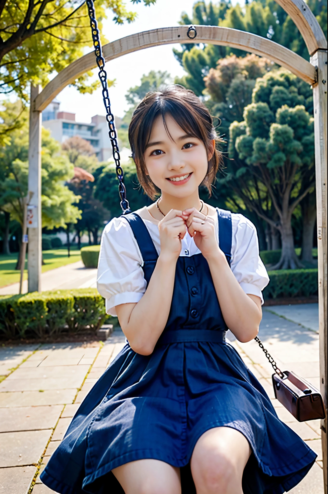 (Best Quality,4K,hight resolution,masutepiece:1.2),girl with ()、is wearing dress、Ride the swing、a closeup、top of the pendulum、spring city park,Soft lighting,Vibrant colors,Happiness,Welcoming environment,Warmth,Shortcut Hair,Peace and quiet,Excitement and anticipation,Snowy landscape,Enchanted moments,