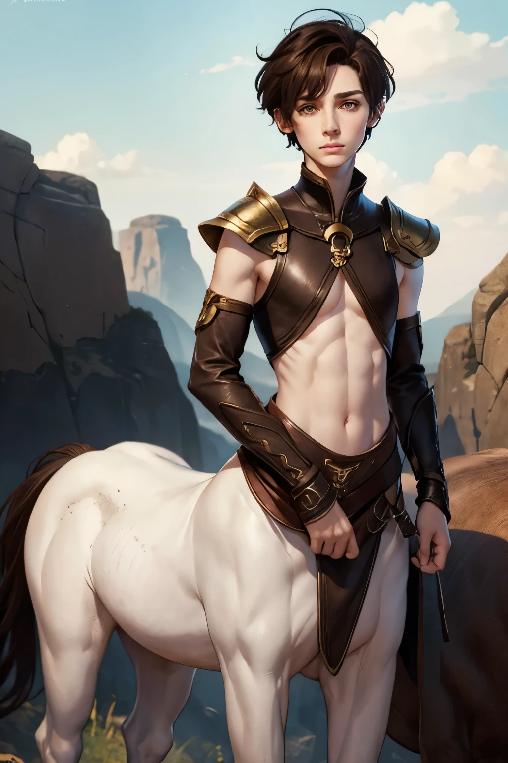 An androgynous female centaur. Fantasy setting. Very short hair. Short manly haircut. Dark-brown hair with a undercut. Very pale skin with freckles and liverspots. Round soft face. Round soft chin. Round soft cheeks. Curved lips. Long wide nose. Dark brown eyes. Upturned eyes. Very thin, barely visible eyebrows. Long neck. Slim. Small chest. Friendly. Kind. Androgynous. Tomboyish. On a wide plain.