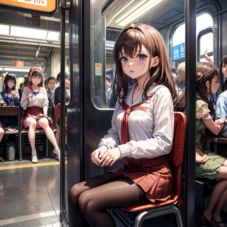 animesque、idol、masterpiece、a beauty girl、Brown hair、train、station、sit a chair、molesting、get angry、congestion