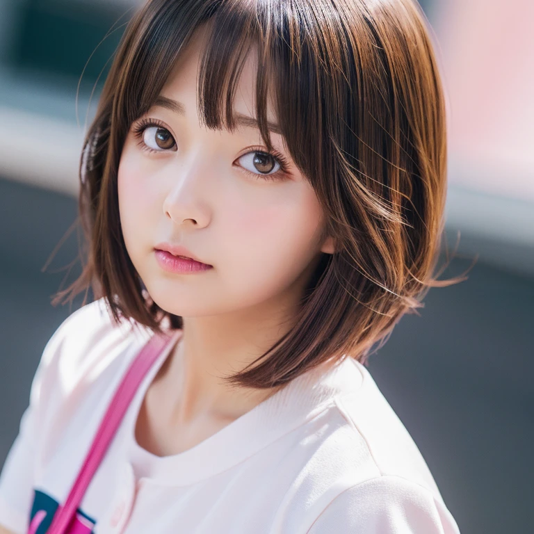 My hero academia style in realistic, realistic anime style, dark shoulder length Brown Bob haircut with bangs, pink cheeks, brown big eyes, a bit chubby, round face, ochaco uraraka, my hero academia, 4k, white shirt, MHA background, Korean makeup