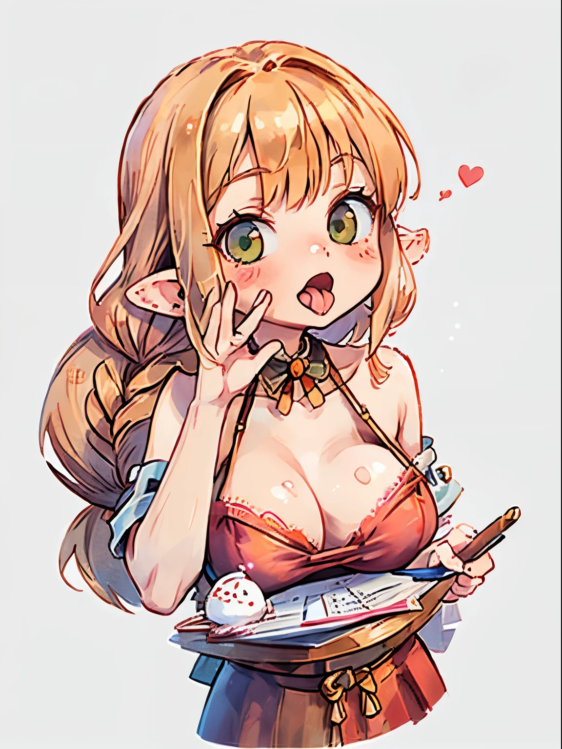 animesque、a sticker、顔と口メインのa sticker、Close-up of the mouth、1beautiful girl、pink elf santa claus girl、17 age、(((I mainly draw the mouth、super close up of mouth、tongue、long tongue、sticking out the tongue、Show the inside of the mouth、Open your mouth wide and show me your throat)))、Santa Bikini、teak、lip stick、braid hair、Colossal tits、cleavage of the breast、simple background、