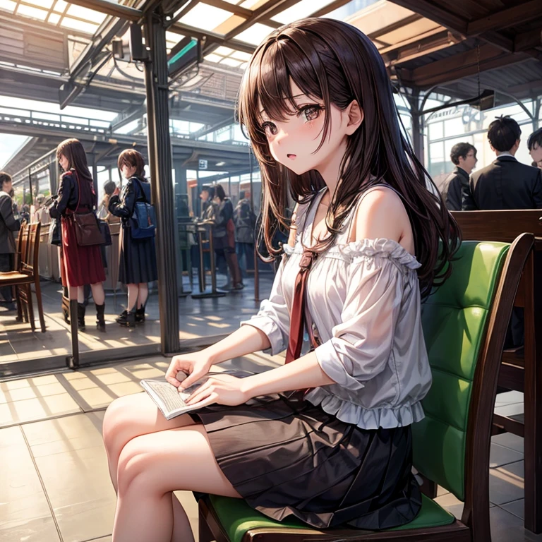 animesque、idol、masterpiece、a beauty girl、Brown hair、train、station、sit a chair、Black eyes、molesting、get angry、congestion