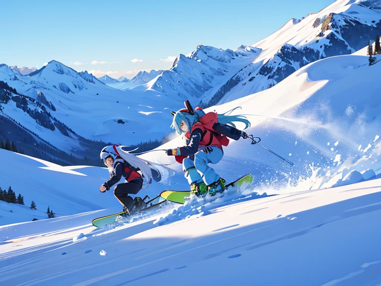 Blue sky，White snow，Hatsune Miku wearing ski clothes and ski goggles，One guy，Snowboarding，Two horses flowing in the wind