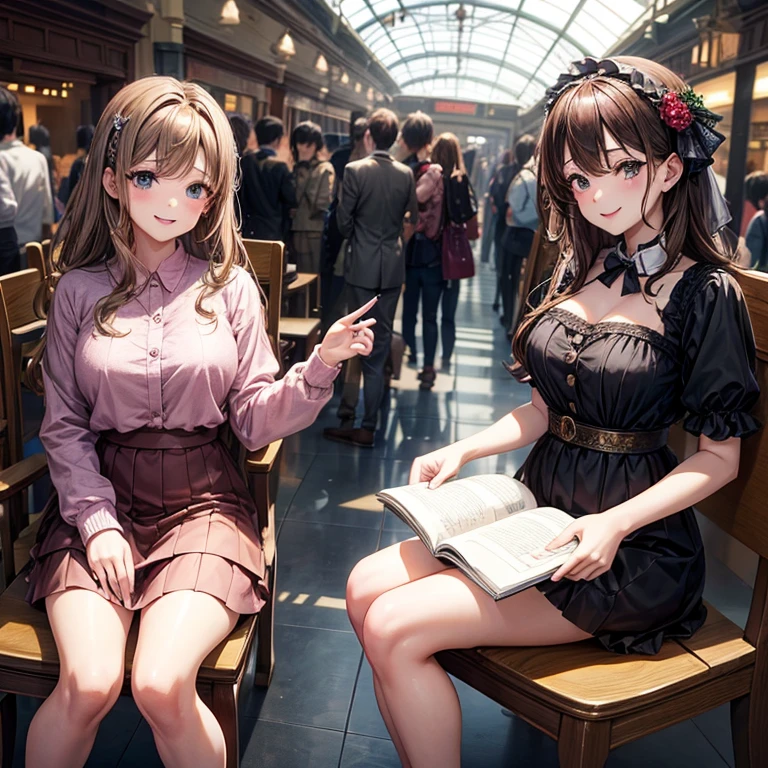 animesque、idol、masterpiece、a beauty girl、Brown hair、train、station、full house、sit a chair、Black eyes、a smile