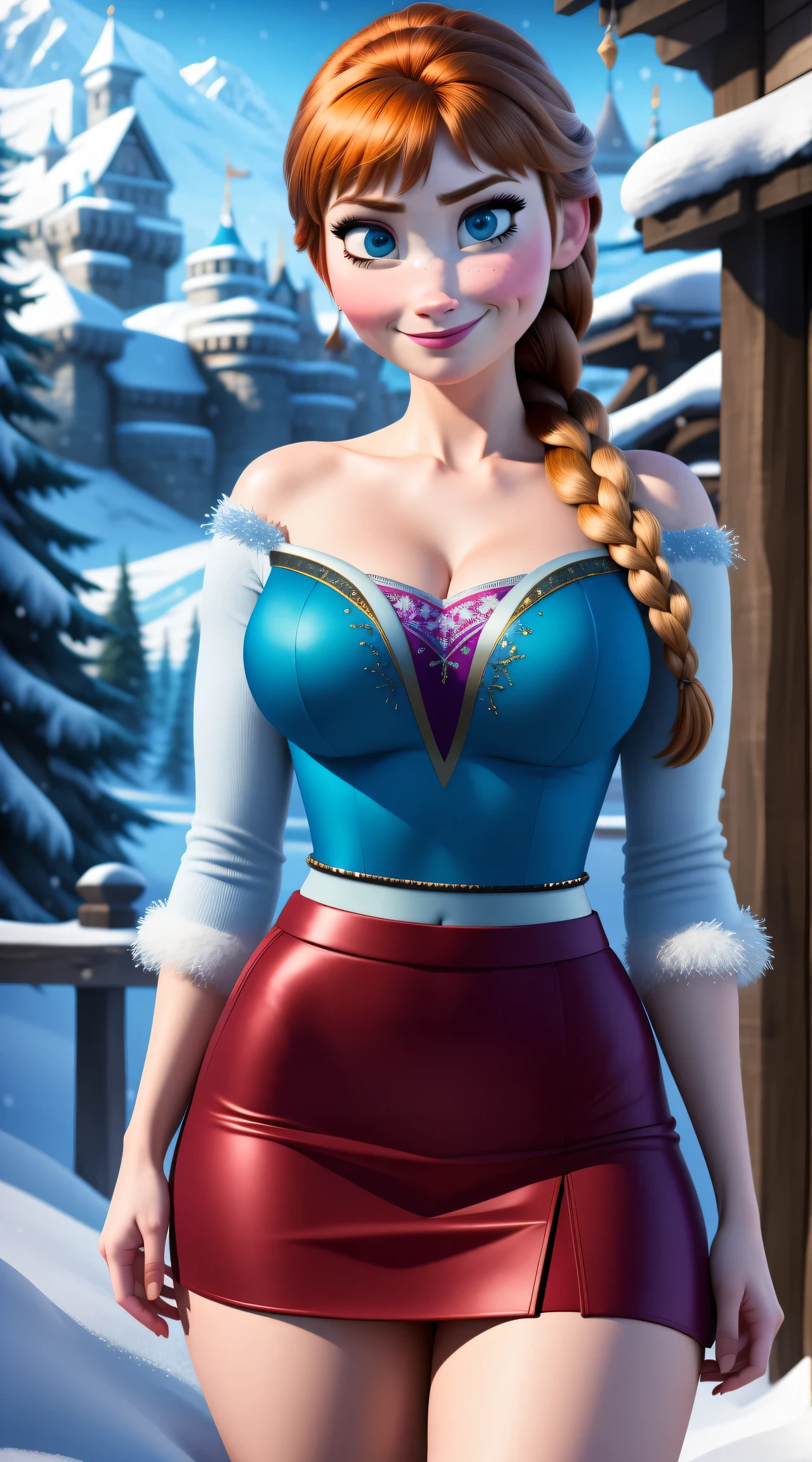 woman, ((Masterpiece, best quality)), full body view, sexy, bursting huge breasts, detailed skin, Anna from Frozen clothes, highly detailed, cinematic lighting, ultra realistic, blush, looking at viewer,  anna, anna from frozen, princess, disney, brown hair, long hair, portrait, outdoor, snow,  cleavage,  large breasts,  wide hips, full body view, tall, 
skirt, miniskirt, microskirt, pleated skirt, thighs,