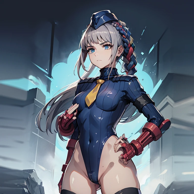 ultra-detailed, Explicit, Beautiful body, Beautiful Nose, Beautiful character design, perfect eyes, perfect face, ultra highres, 4K, beautiful legs, perfect legs, Nice hands, Perfect hand, Masterpiece, Best Quality, Highly detailed, illustration, absurdres, street fighter, doll suit, shadaloo doll, dollsuit, 1girl, Solo, expressionless, blank eyes, looking at viewer, red gloves, emotionless, black latex, corrution, mind control, female combatant, full body, hypnotized, unhappy trance, full body suit, ribbed bodysuit, both arms at side, stand up straight, obey, perfect female body, extremely glossy latex, hypnosis, hypnoLora, empty eyes, Mind control device, poses, brainwashed, submissive_pose, Slave, hat, necktie, stand up straight, standing, standing at attention, belt, latex, garter belt, thighhighs, garter belt, nazi saluting, military, military saluting, salute, Pope Joan, Fate/Grand Order, grey hair, long hair, blue eyes, braided_hair_rings, very long hair