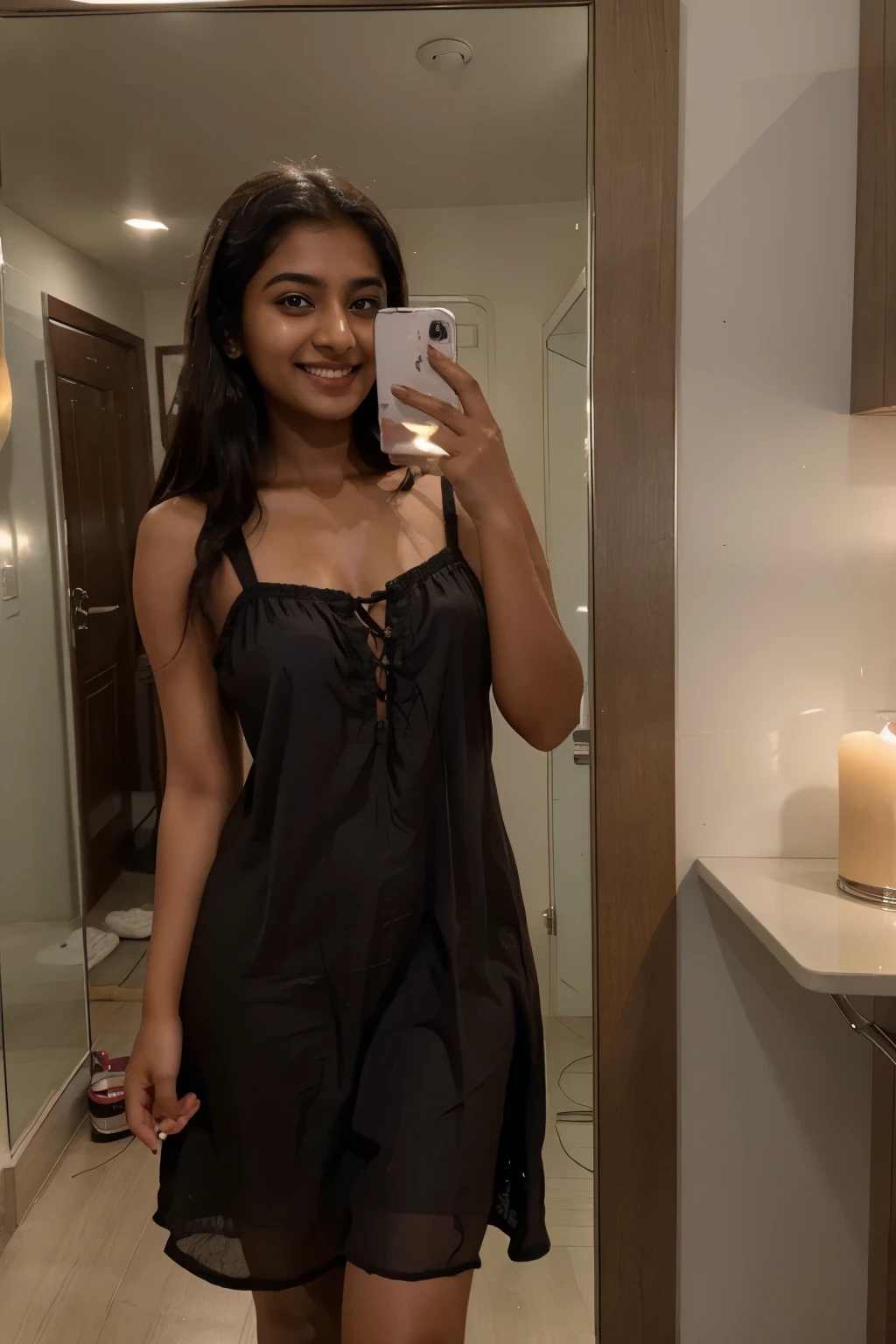 An Indian dusky girl, age of 24, photo for Instagram story, wearing a night dress, smiling, cozy indoors, girl taking a mirror selfie, looking hot mess, Meera Nayak, extra brown, brown girl, dusky girl, shot in the night, looking in the mirror, extra brown, make phone ultra realistic