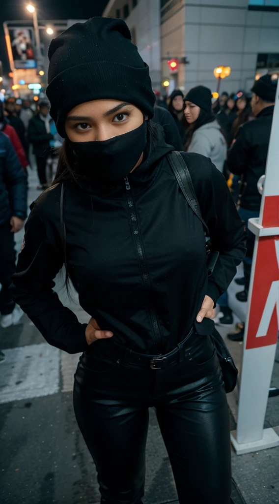 Sky high view of a sexy filipino woman dressed in all black, wearing a ski mask talking to a man