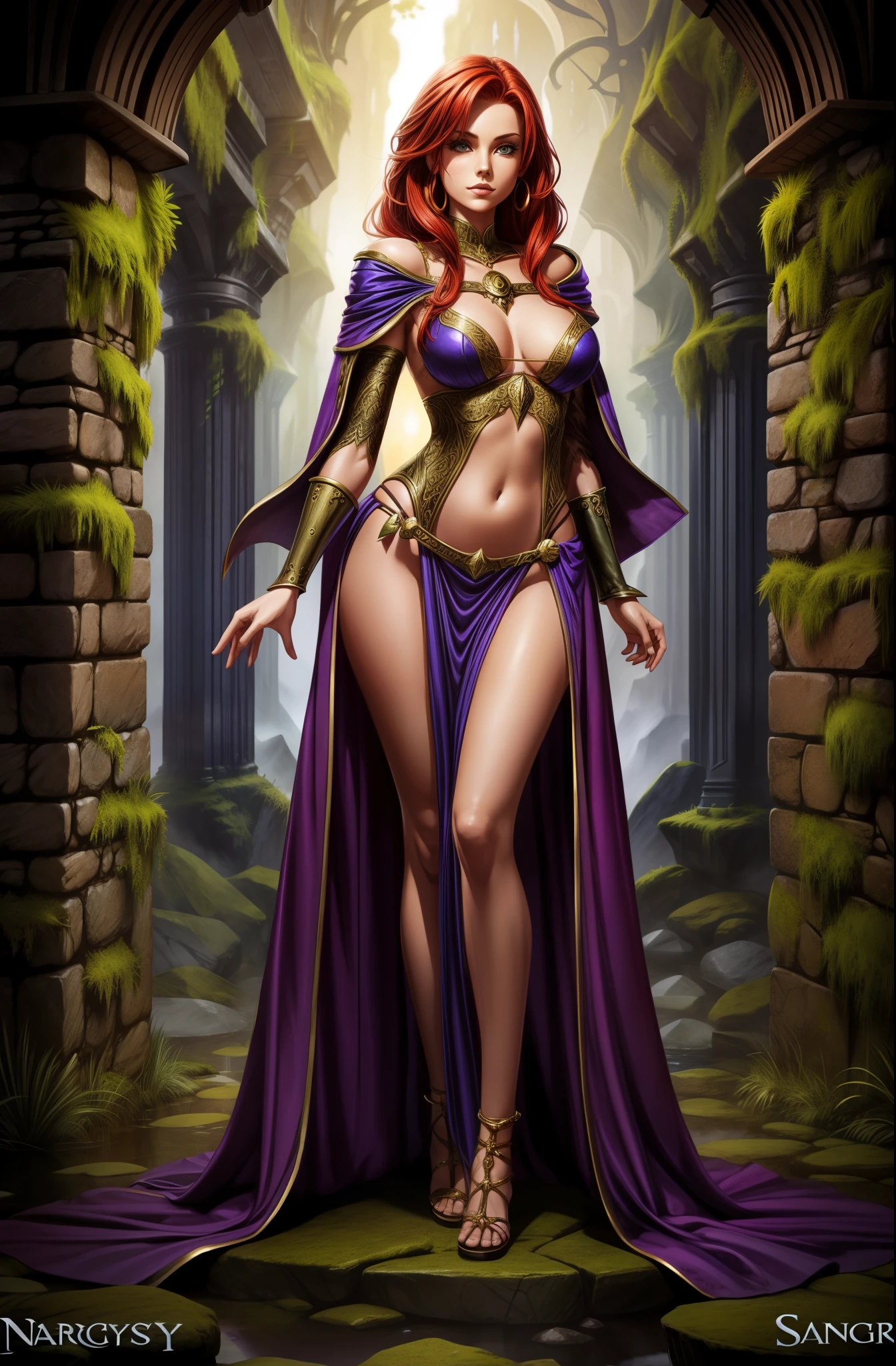 full body shot, 1girl, fantasy sorceress, mage robe, leg slit, redhead , legs, mossy stone walls in background,navel, panties