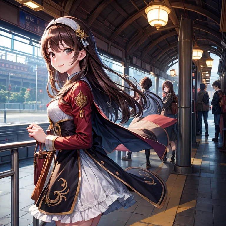 animesque、a beauty girl、OL、Brown hair、train、station、満員train、strap、Black eyes、a smile、