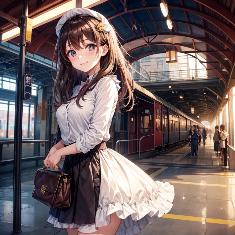 animesque、a beauty girl、OL、Brown hair、train、station、満員train、strap、Black eyes、a smile、