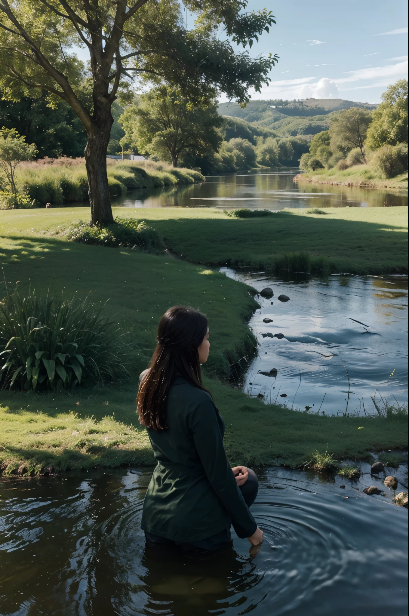 Tranquil riverside landscape embodying life's flow, with a contemplative figure in simple attire observing the river's natural course.