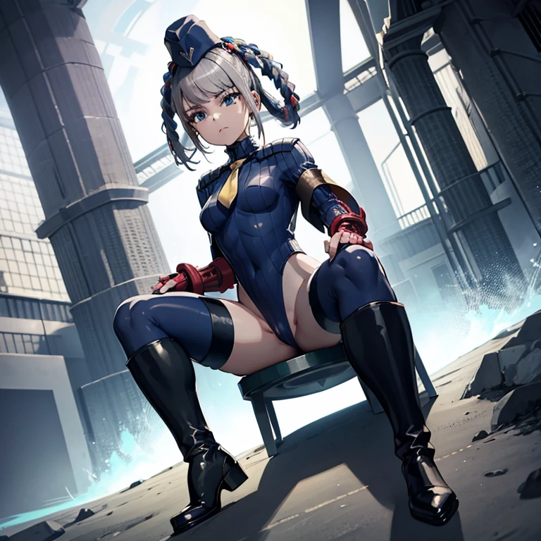 ultra-detailed, Explicit, Beautiful body, Beautiful Nose, Beautiful character design, perfect eyes, perfect face, ultra highres, 4K, beautiful legs, perfect legs, Nice hands, Perfect hand, Masterpiece, Best Quality, Highly detailed, illustration, absurdres, street fighter, doll suit, shadaloo doll, dollsuit, 1girl, Solo, expressionless, blank eyes, looking at viewer, red gloves, emotionless, black latex, corrution, mind control, female combatant, full body, hypnotized, unhappy trance, full body suit, ribbed bodysuit, both arms at side, stand up straight, obey, perfect female body, extremely glossy latex, hypnosis, hypnoLora, empty eyes, Mind control device, poses, brainwashed, submissive_pose, Slave, hat, necktie, sitting on the throne, sitting , sitting at attention, belt, latex, garter belt, thighhighs, garter belt, nazi saluting, military, military saluting, salute, Pope Joan, Fate/Grand Order, grey hair, long hair, blue eyes, braided_hair_rings, very long hair, royal throne