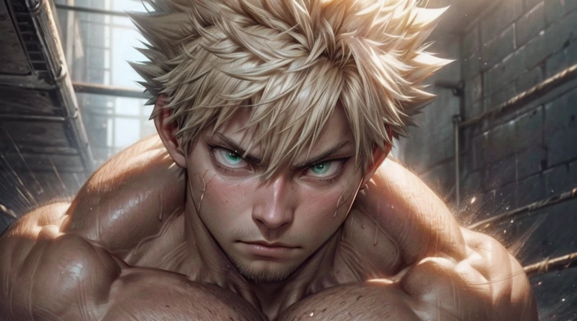 Night time darkness, Muscular bakugou katsuki laying down sleeping on wooden table top view, relaxed face, naked thick ((penis )), muscular pecs and washboard abs, sweating heavily, wristwatch, necklace, surrounded by fruits, dirt on body, blonde stubble, dim night darkness