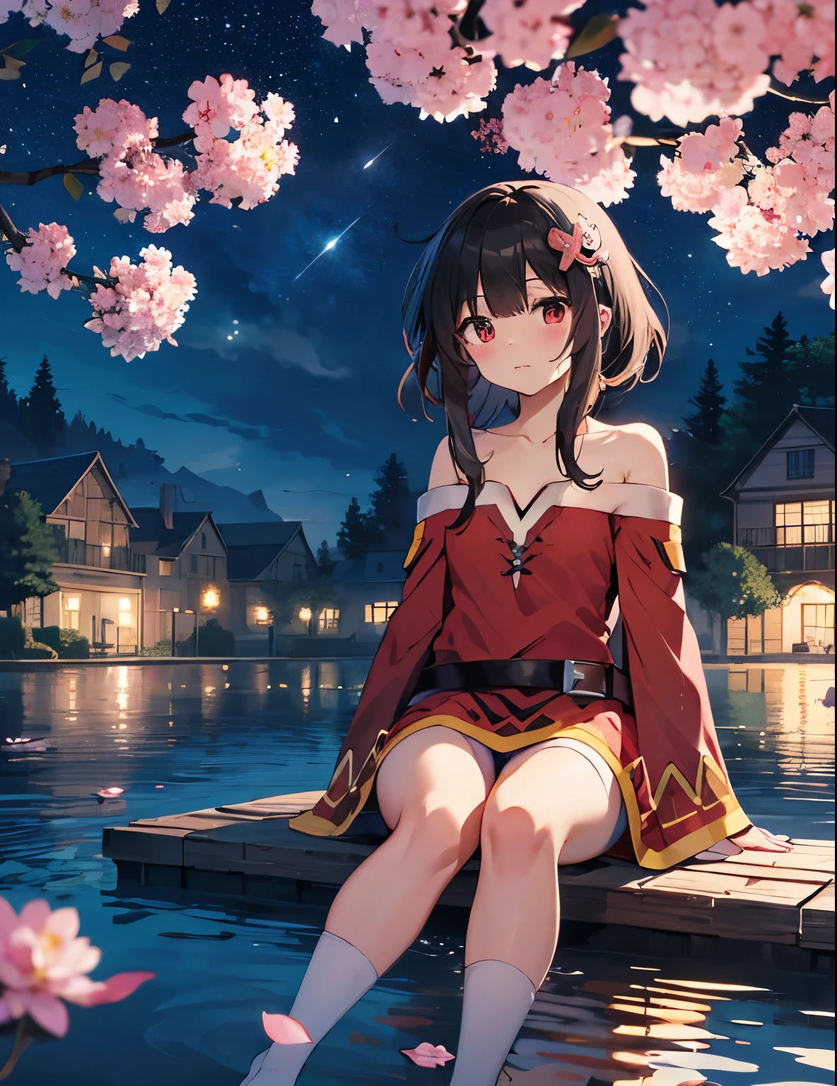 (sitting), small, (bow), (black hair), (short hair), (red eyes), stars in the eyes, hair ornament, (blush), bangs, (a menina_megumin_konosuba in[(evening dress):(((no socks))):0.4]: 1.2), (bare shoulder), collarbone, (white thighs: 1.2), ruffled sleeves, looking at the viewer,[(night: 1.2),peaceful,sky,((full moon)),stars,(in a courtyard),house,drop of water,pond, (near the pond),tree, flower request, wind: : 0.6], (light refraction lridescent), (floating pink petals: 1.2), (fairy butterfly), dreamer