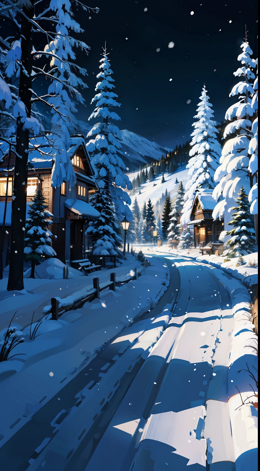 snow,snowing,night,in a forest,(((trail,night)))