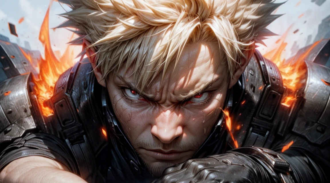 (best quality,4k,8k,highres,masterpiece:1.2), ultra-detailed, (realistic,photorealistic,photo-realistic:1.37), portraits, vibrant colors, intense lighting, Bakugou Katsuki, stern gaze, fierce expression, spiky blond hair, explosive background, determined posture, dynamic perspective, fierce hero, fiery personality, detailed facial features, piercing eyes, clenched fists, unique costume, signature gauntlets, powerful presence, intense emotions, iconic character, focused intensity, explosive personality, captivating portrait, strong-willed hero, heroic aura, fiery determination, anime style, striking visuals, dramatic composition, dramatic lighting, strong contrast, rugged personality, dynamic lines, explosive energy, intense gaze, clean lines, vibrant artwork, expressive art style, confident stance, larger than life presence