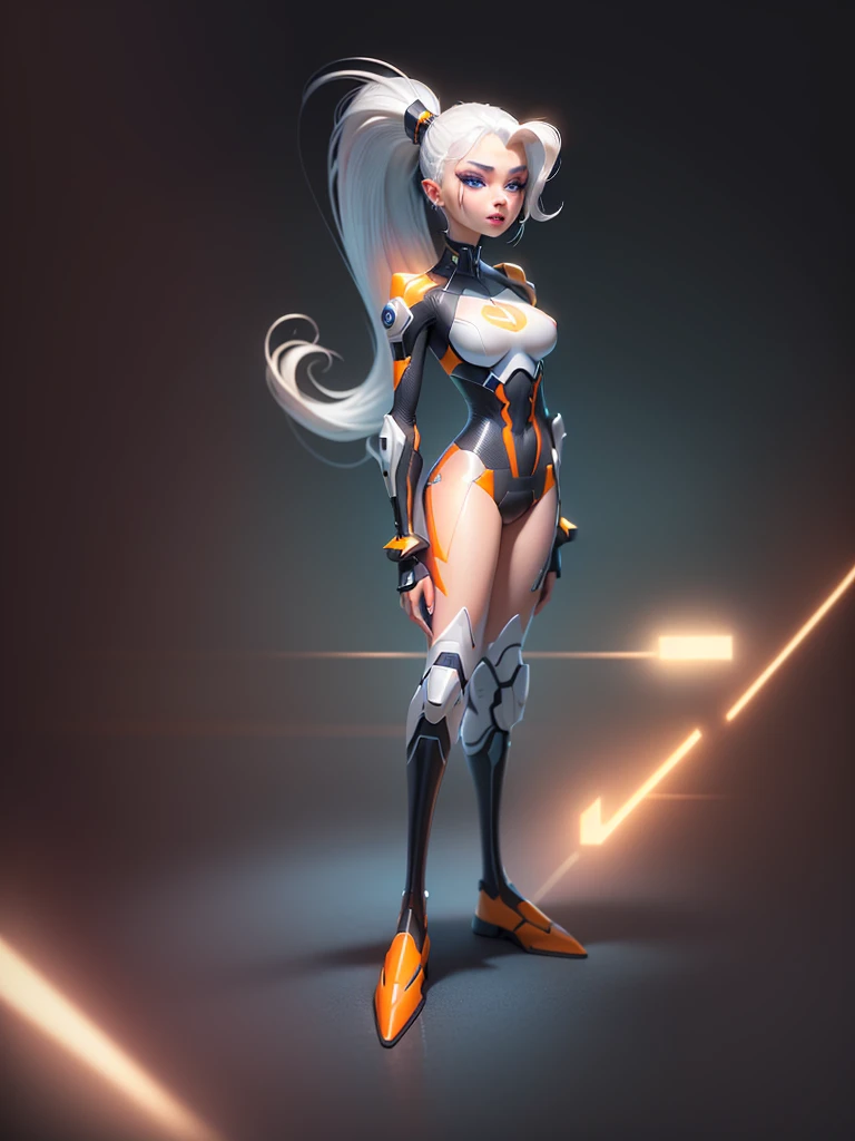 1 girl, beautiful,sharp features,hyper realistic,8k, white hair in high ponytail , strand of hair sticking out, seductive features,blue eyes, orange makeup, orange accessories, sexy,detailed hair