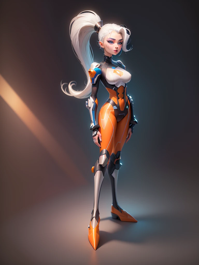 1 girl, beautiful,sharp features,hyper realistic,8k, white hair in high ponytail , strand of hair sticking out, seductive features,blue eyes, orange makeup, orange accessories, sexy,detailed hair