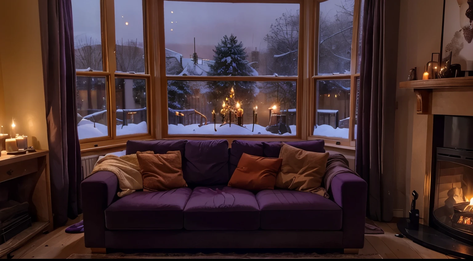 living room, cozy, corner sofa purple, various candles, fireplace, warm orange ambience, snow outside the window,
