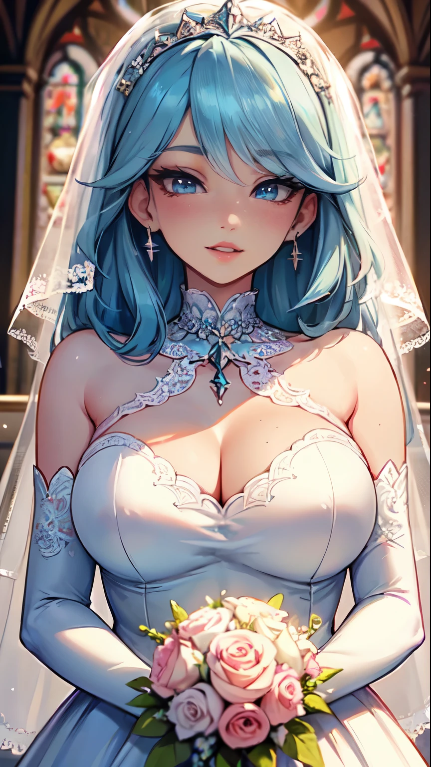 Masterpiece, high res, beautiful art, professional artist, 8k, art style by sciamano240, very detailed face, very detailed hair, 1girl, perfectly drawn body, beautiful face, long hair, light blue hair , very detailed blue vertical cat eyes, pouty lips , rosey cheeks, intricate details in eyes, extreme close up of face, see only head and neck, staring directly at viewer, wearing elegant wedding dress, jewellery, veil, white elbow gloves, some freckles, wedding ring, warm smile, in love with the viewer expression, afternoon church setting, pov standing at the alter in front of viewer,