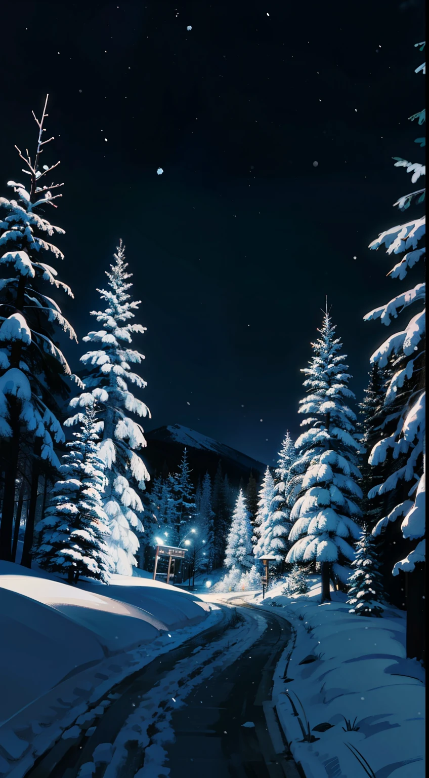 snow,snowing,night,in a dense forest,(((trail,night)))