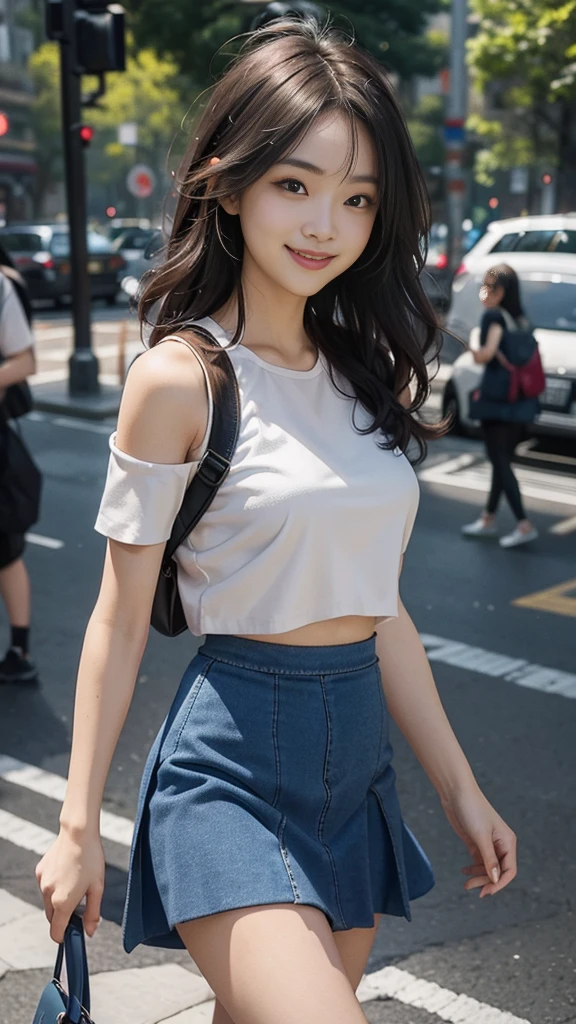 Looking at me and smiling happily、One Young Woman、Enjoying walking、off shoulderright light outfits of primary colors,blue denium skirt