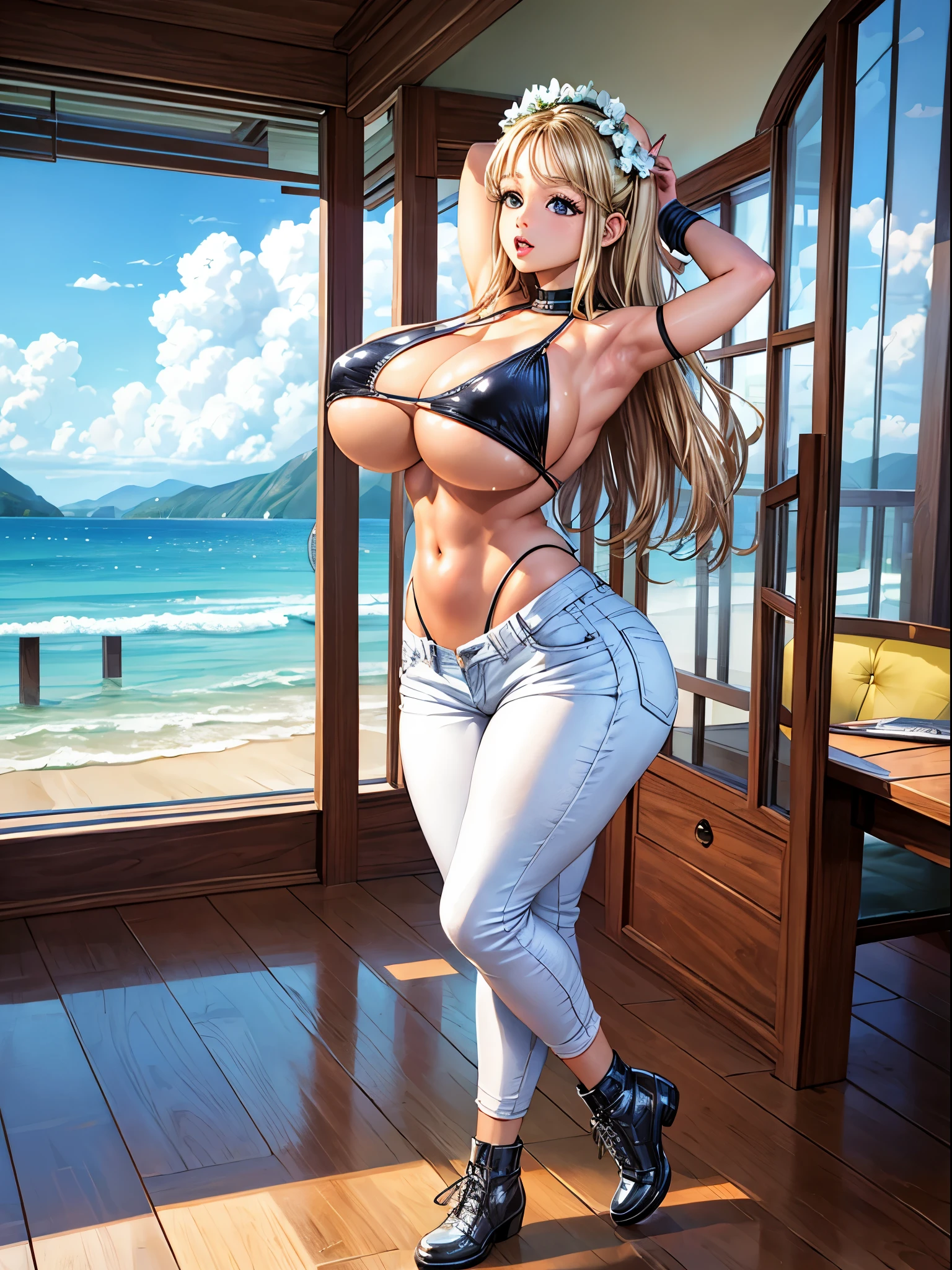 Britney Spears, (huge-ass:1.3), curve, (huge-tits:1.7), blonde hair, hourglass figure, blue eyes, top bikini, short bluejeans, Scenery, dynamic pose