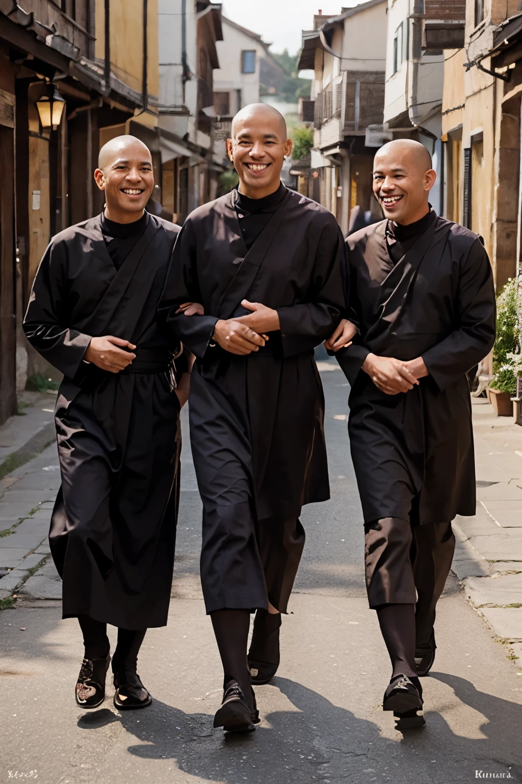 Make a three smiling monks in the village