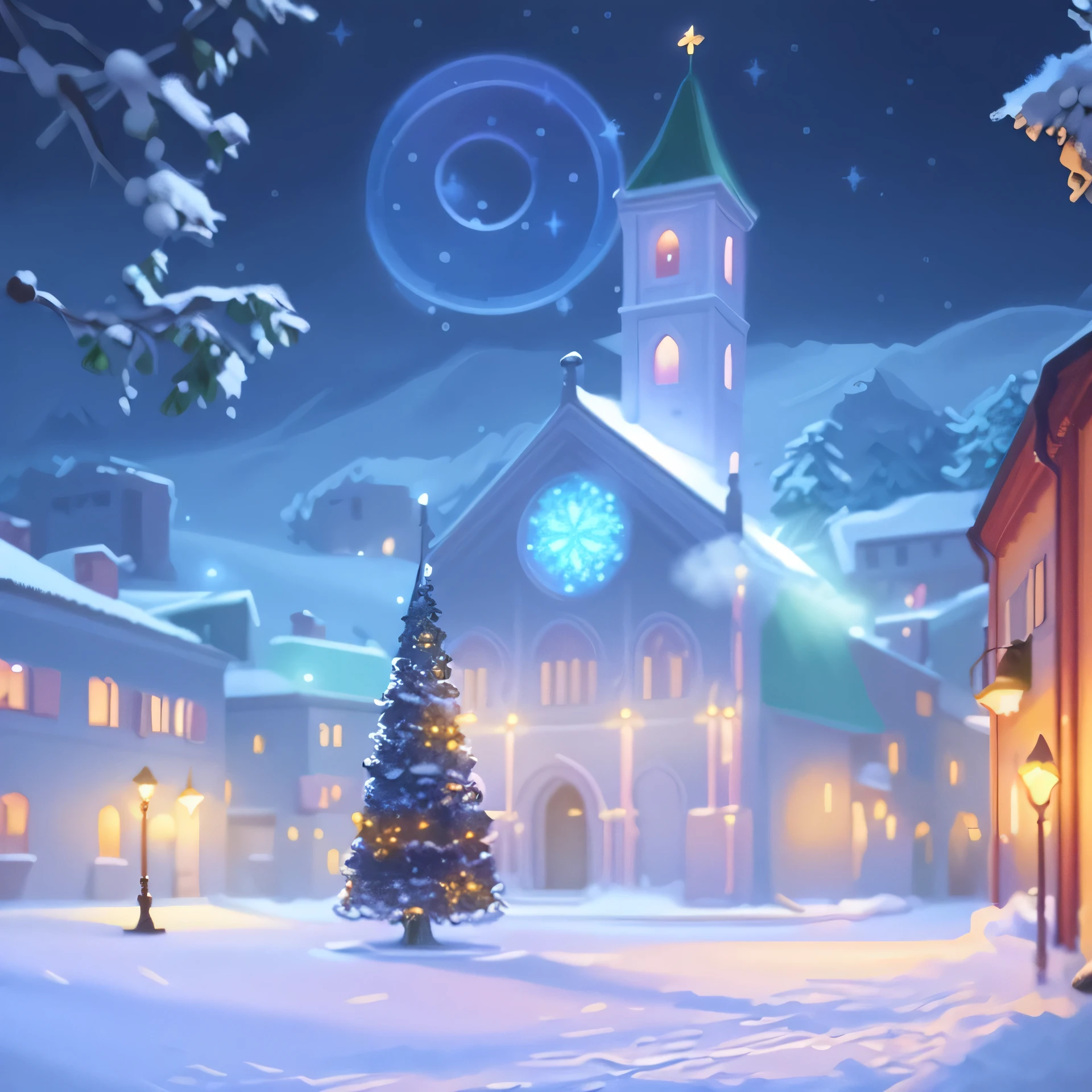 there is a christmas tree in the middle of a courtyard, stylized digital illustration, christmas night, town background, background artwork, official artwork, inspired by Evgeny Lushpin, holy city | illustration, snowy winter christmas night, winter scene fantasy, fanart, stylized digital art, a hyper realistic, fantasy town setting, rendered art, steam workshop maps