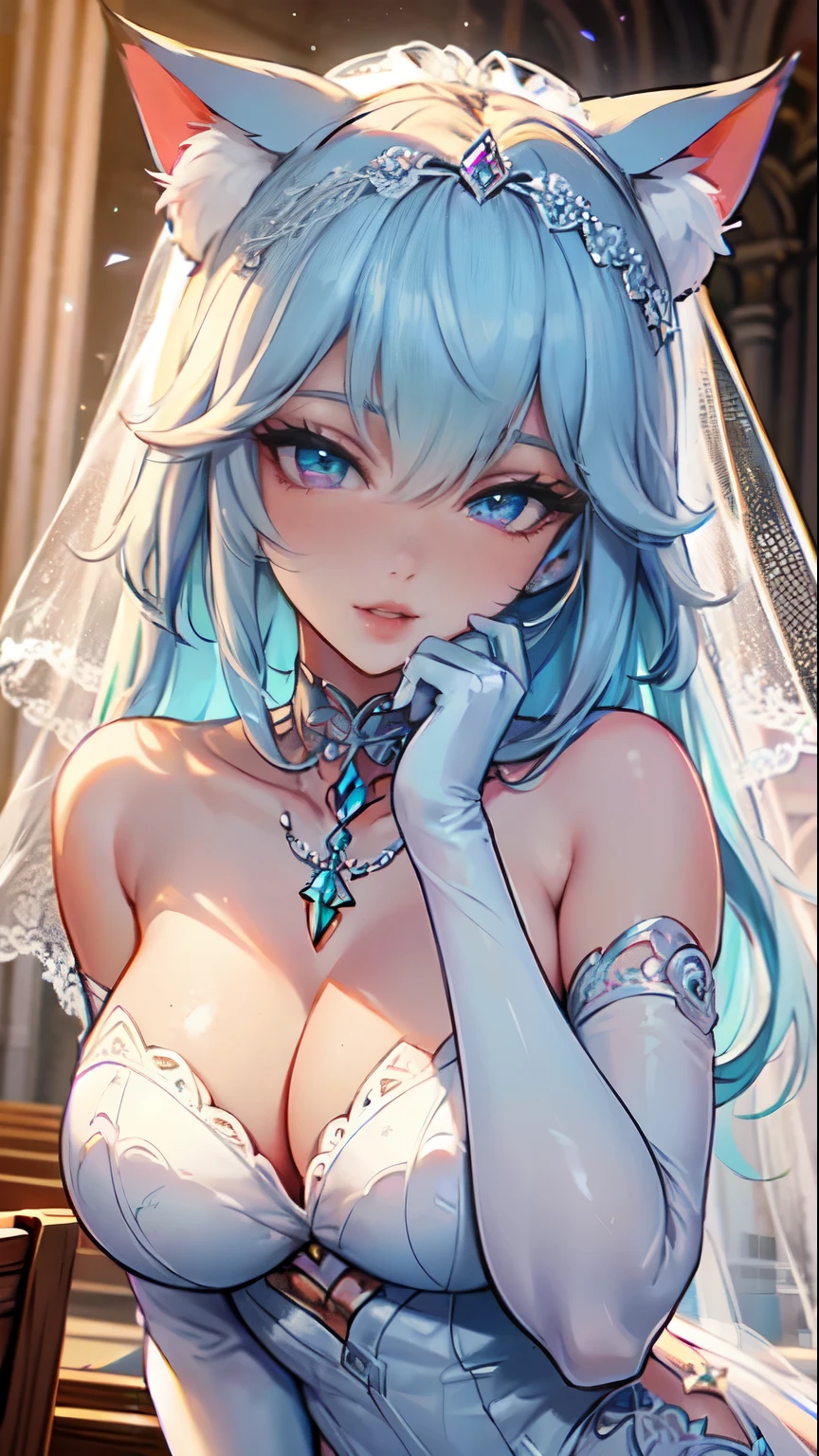 Masterpiece, high res, beautiful art, professional artist, 8k, art style by sciamano240, very detailed face, very detailed hair, 1girl, perfectly drawn body, beautiful face, long hair, light blue hair , very detailed blue vertical cat eyes, pouty lips , rosey cheeks, intricate details in eyes, extreme close up of face, see only head and neck, staring directly at viewer, wearing elegant wedding dress, jewellery, cat ears under veil, white elbow gloves, some freckles, wedding ring, warm smile, in love with the viewer expression, afternoon church setting, pov standing at the alter in front of viewer,