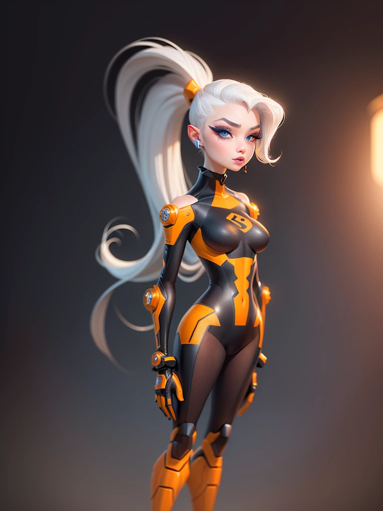 1 girl, beautiful,sharp features,hyper realistic,8k, white hair in high ponytail , strand of hair sticking out, seductive features,blue eyes, orange makeup, orange accessories, sexy,detailed hair