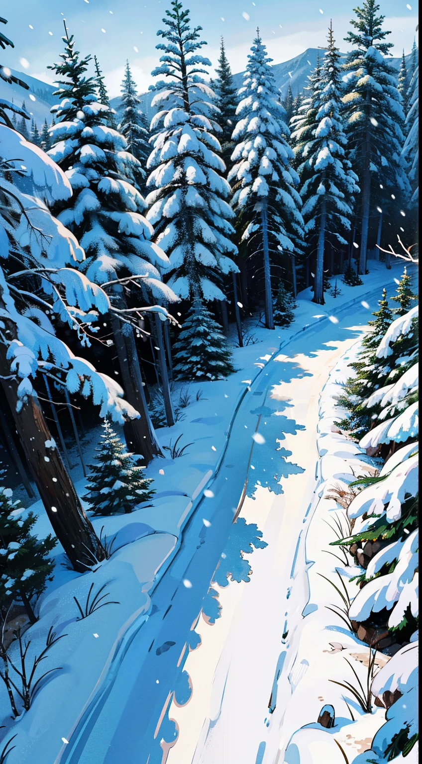 snow,snowing,in a dense forest,(((trail))),from above