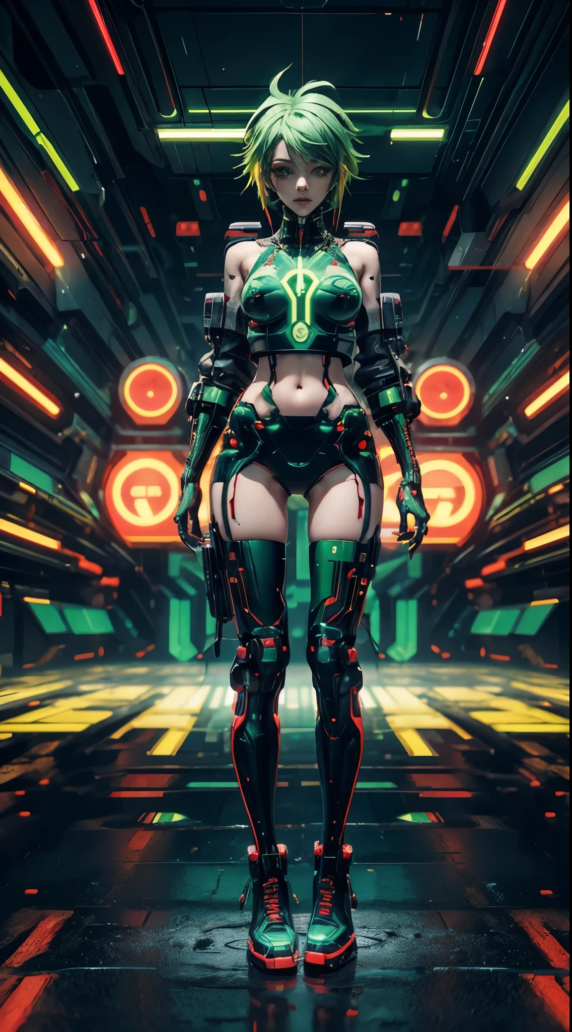solo, 1girl, full body nude, (electric green hair), (electric red eyes), ((Cyber punk outfit)), (symmetrical eyes), (Perfect face), (Perfect Anatomy), (looking at viewer), (cyber shot), ((Glitch Art background)), (glitch art:1.3) ((glitch effect)), (8k), (HD), (Cinematography)