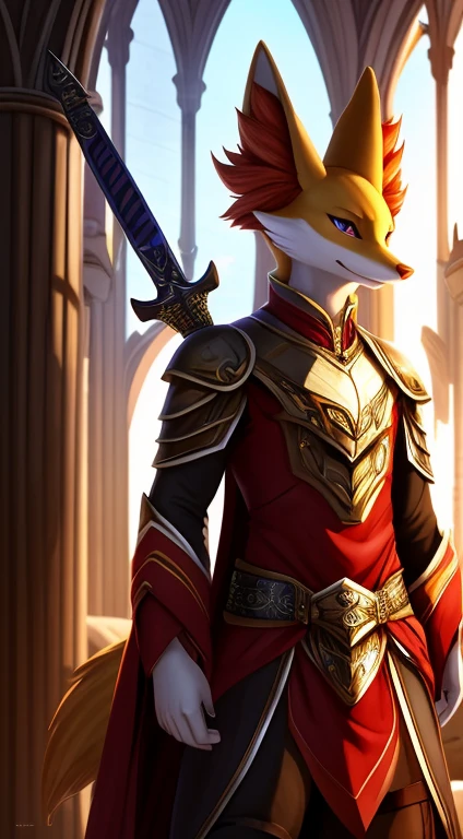 Uploaded to E621, anthropomorphic, male, Delphox, Delphox ear fur, wearing phantasy star style armor, holding the sword Elsydeon, cinematic lighting, detailed background of the inside of a cathedral, half body shadow, detailed ambient light, sharp focus, soft shaded, Furry Fantasy Art, Anthro Art,Furry Art, POV furry Art, best quality, detailed image, bright colors, detailed face, perfect shadows, flawless face, center focus, animal nose, muzzle, full body view, masterpiece 1.21, illustration:1.2, detailed fur, global illumination,