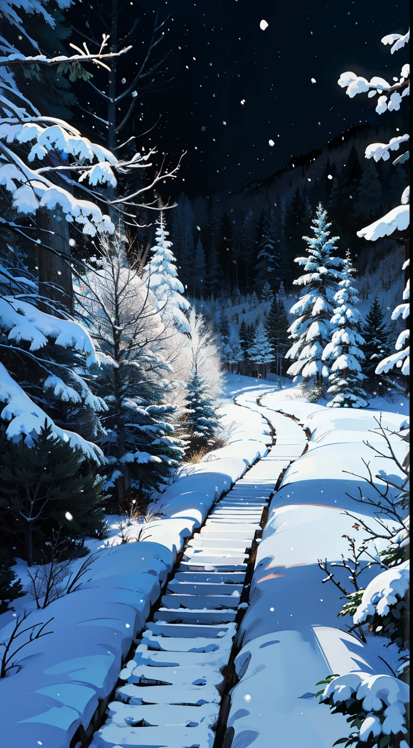 snow,snowing,night,in a dense forest,(((trail,night))),from above