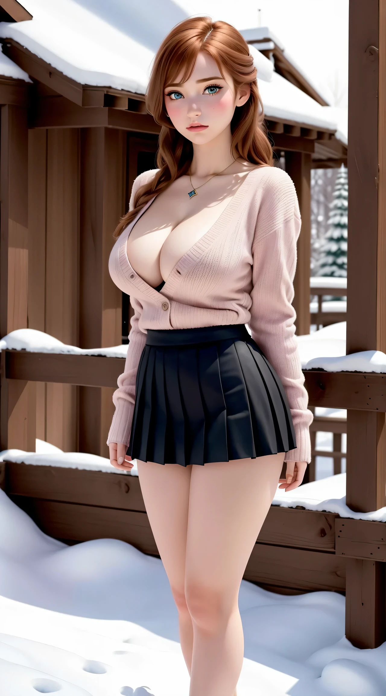 woman, ((Masterpiece, best quality)), full body view, sexy, bursting huge breasts, detailed skin, Anna from Frozen clothes, highly detailed, cinematic lighting, ultra realistic, blush, looking at viewer, anna, anna from frozen, princess, disney, brown hair, long hair, portrait, outdoor, snow, cleavage, large breasts, wide hips, full body view, tall,
skirt, miniskirt, microskirt, pleated skirt, thighs,