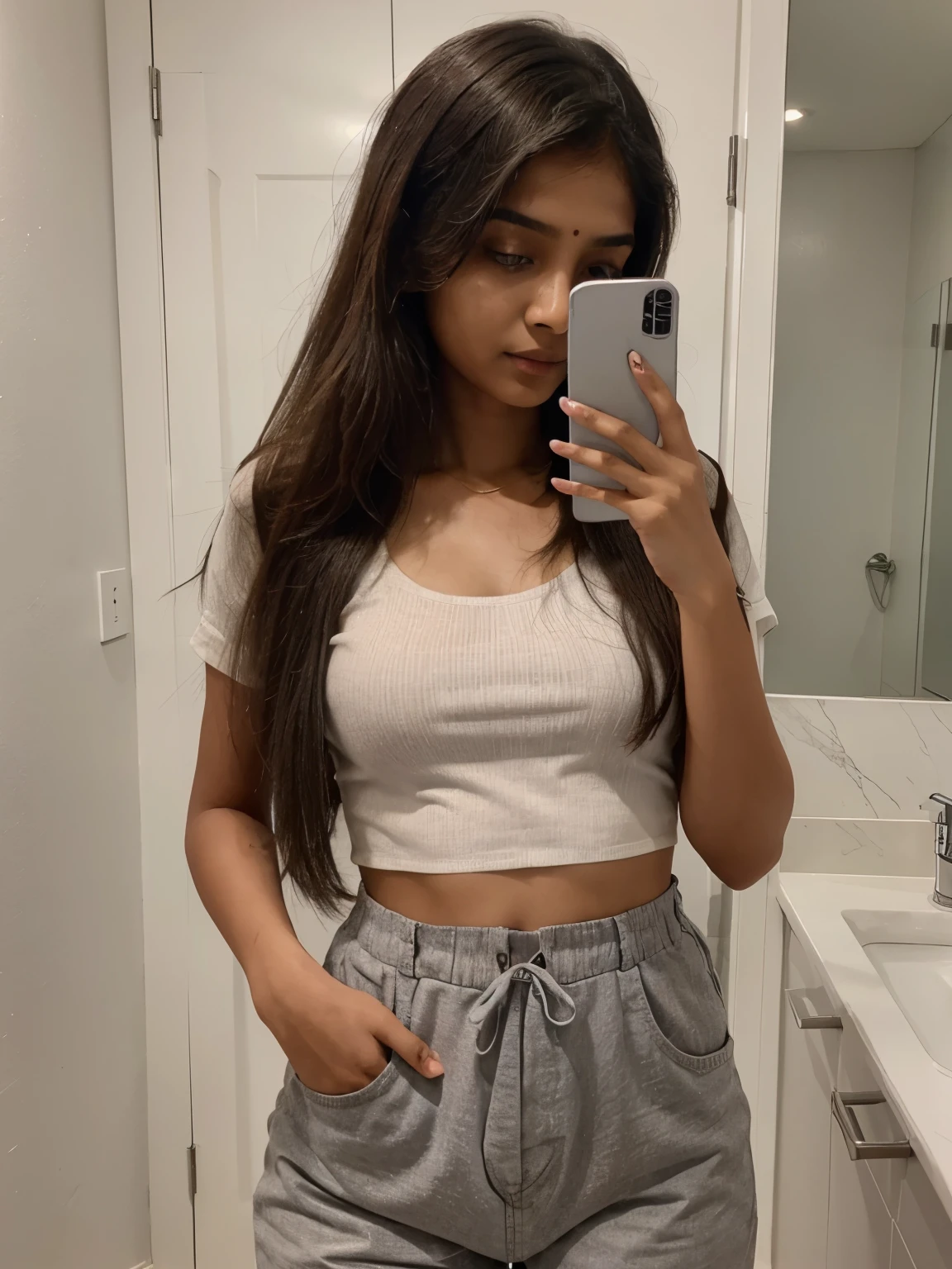 1 cute confident young indian girl wearing a grey taking a mirror selfie with her phone hiding her face, height 160 centimetres, petite build, fair skin, average hair length of 60 centimetres, photorealistic, detailed eyes, highly detailed, 8k