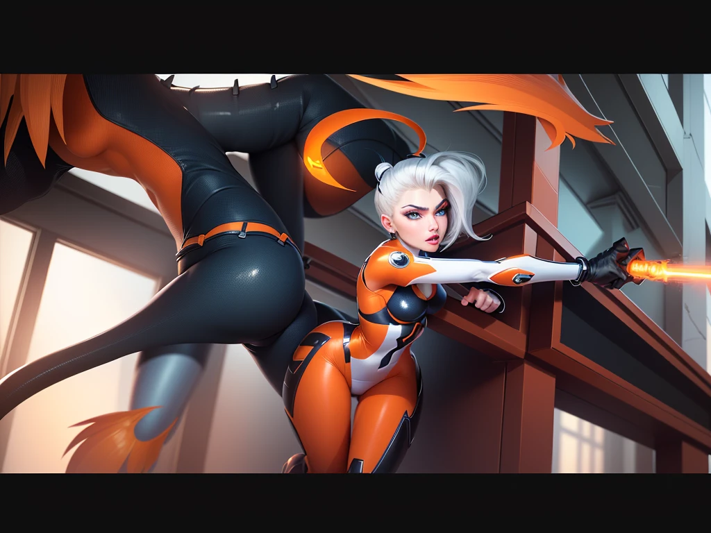 1 girl fighting monster, beautiful,sharp features,hyper realistic,8k, white hair in high ponytail , strand of hair sticking out, seductive features,blue eyes, orange makeup, orange accessories, sexy,detailed hair