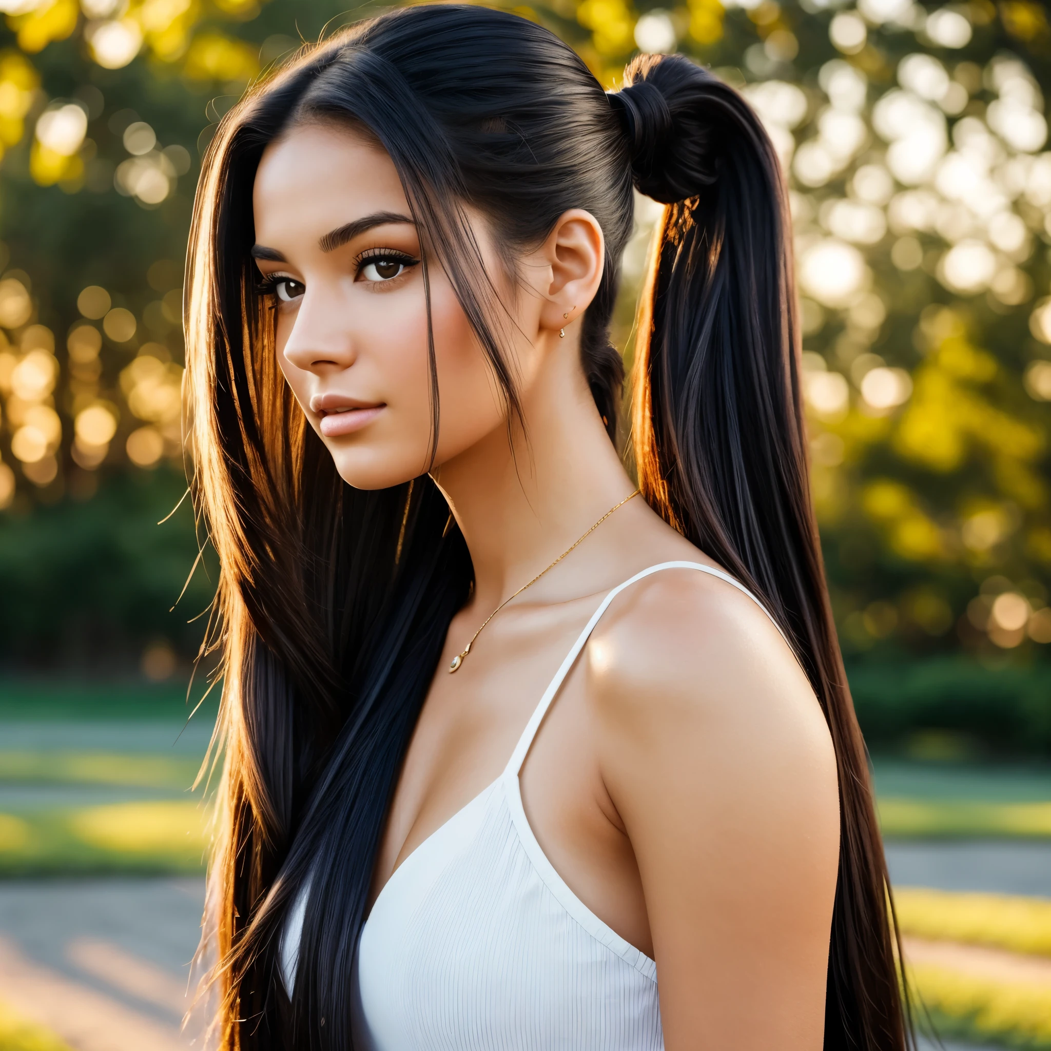 A close up of a woman with long black hair and a white top - SeaArt AI