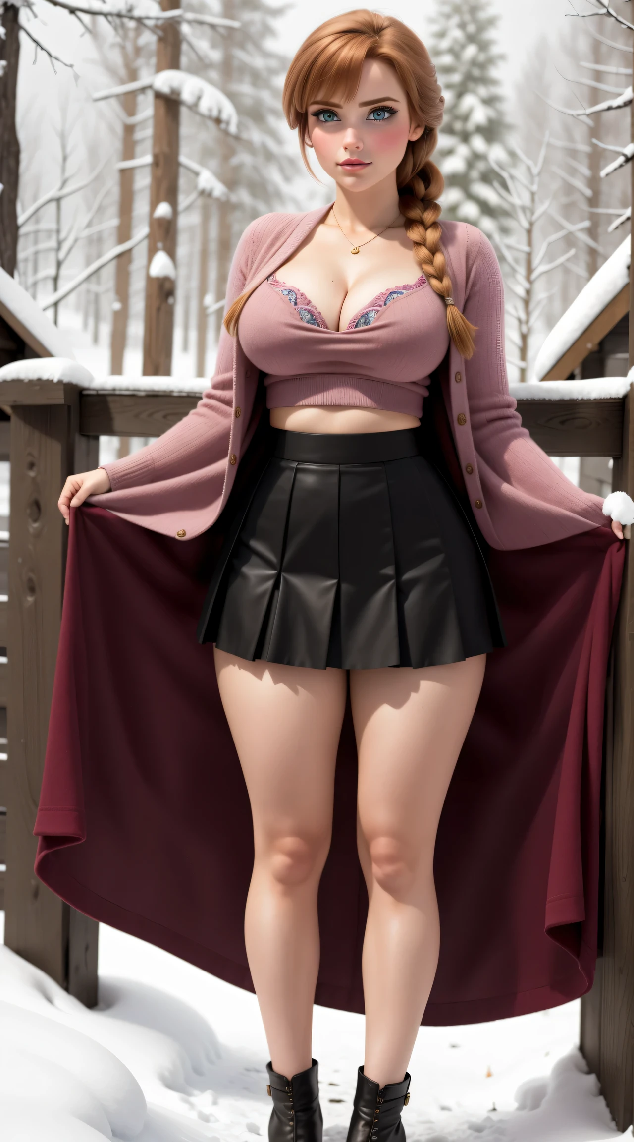 woman, ((Masterpiece, best quality)), full body view, sexy, bursting huge breasts, detailed skin, Anna from Frozen clothes, highly detailed, cinematic lighting, ultra realistic, blush, looking at viewer, anna, anna from frozen, princess, disney, brown hair, long hair, portrait, outdoor, snow, cleavage, large breasts, wide hips, full body view, tall,
skirt, miniskirt, microskirt, pleated skirt, thighs,