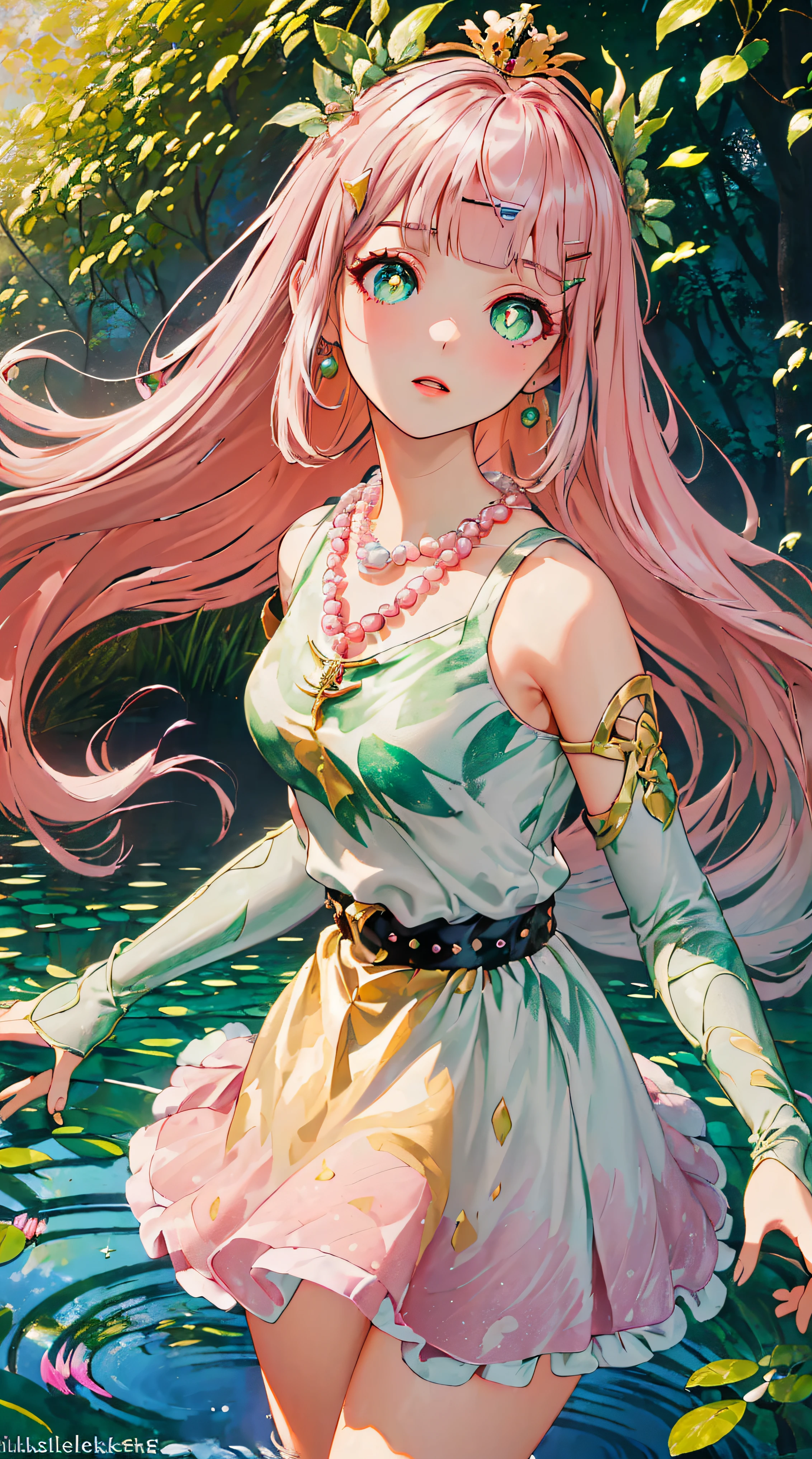 (((((Pearl pink hair,yellow choker,leaf crown,green pupills))))),((((((En plein air,beautiful pond scenery, Mottled sunlight,)))))(((red bridal gloves,short red dress,Sleeveless douche))), (Geometric:1.1), ((mature,Amazing Cleavage,cute female child，Alone，cow boy shot,))(tmasterpiece,Best quality at best, offcial art, Beautiful big breasts and big breasts aesthetic:1.2),(16k),((little breast)),(God illuminateocus sharp, (((highdetailskin,))),Costume details are intricate，Delicate pupils,((((long whitr hair|Detailed pubic hair头发||bluntbangs|side locks)))),Elongated,(tmasterpiece侧光),(The sheen),(beautiful hairl,漂亮的The eye,）((Incredibly ridiculous quality,blur backgroun,bokeh:60mm)),((exceedingly_Detailed pubic hair_The eye_big breasts and big breasts_the face)),Movie Girl,(dynamicposes:1.2),outstanding,lisses, ((hair pin)),Ultra-accurate depiction, 超Detailed pubic hair描绘,