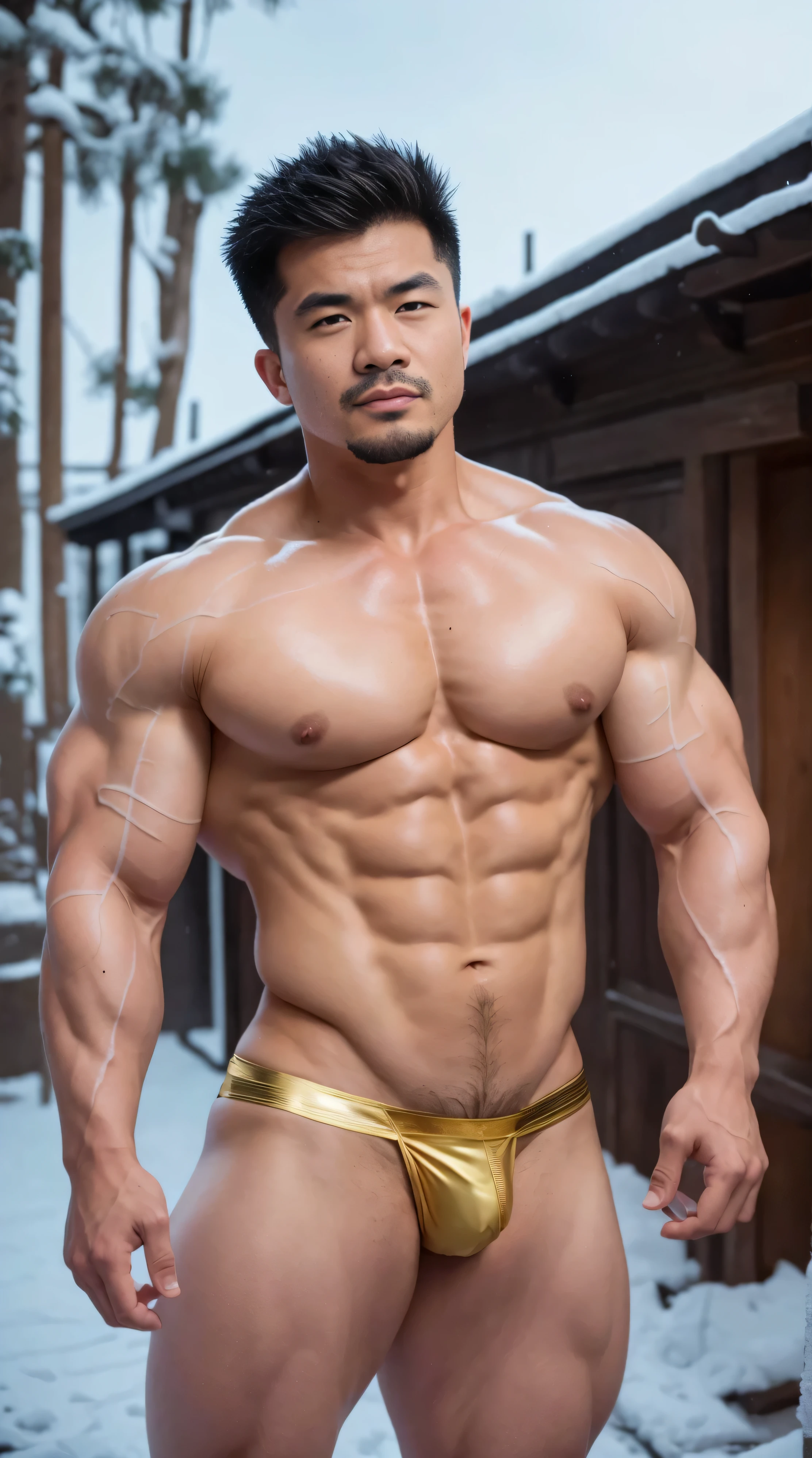 A Chinese bodybuilder，Short hair details, Wearing a gold thong，Winter is full of romance。Old buildings become more peaceful and rustic in the snow, short mustache，perfect body figure, 非常巨大和强壮the body of the, Hulk size，Bulging muscles, musculous的, Very large pectoral muscles，Very sexy abs，The leg muscles are very well developed，the body of the，Tall and burly，Huge bumpy area，Brighten oily skin，musculous。